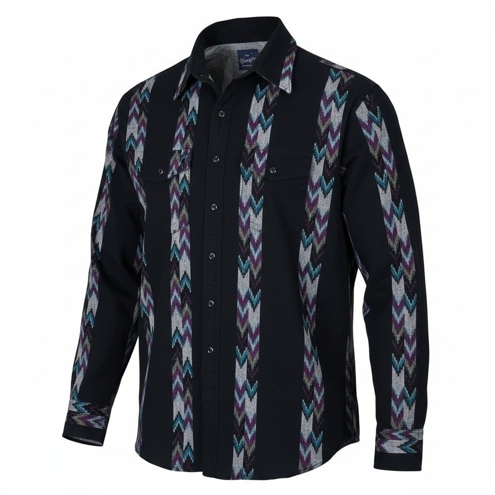 Vtg Wrangler Western Brushpopper Shirt Mens XXL Black Aztec Stripe Pearl Snap LS